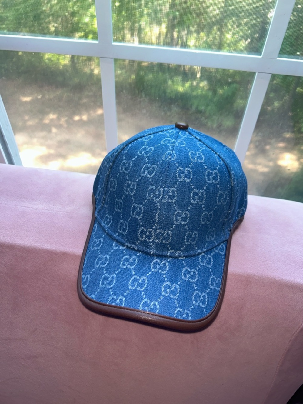 Cute fashion Denim Logo Baseball Cap with Brown Leather Trim
